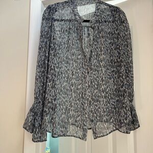 Elegant demin blue, grey and black Blouse.  Size M. 100% shell.
